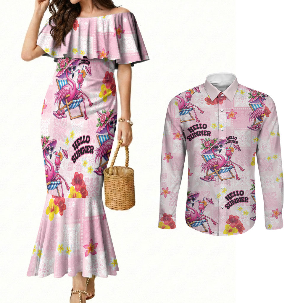 Hawaii Flamingo Hello Summer Couples Matching Mermaid Dress and Long Sleeve Button Shirt Hawaiian Quilt Pattern LT9 Pink - Polynesian Pride