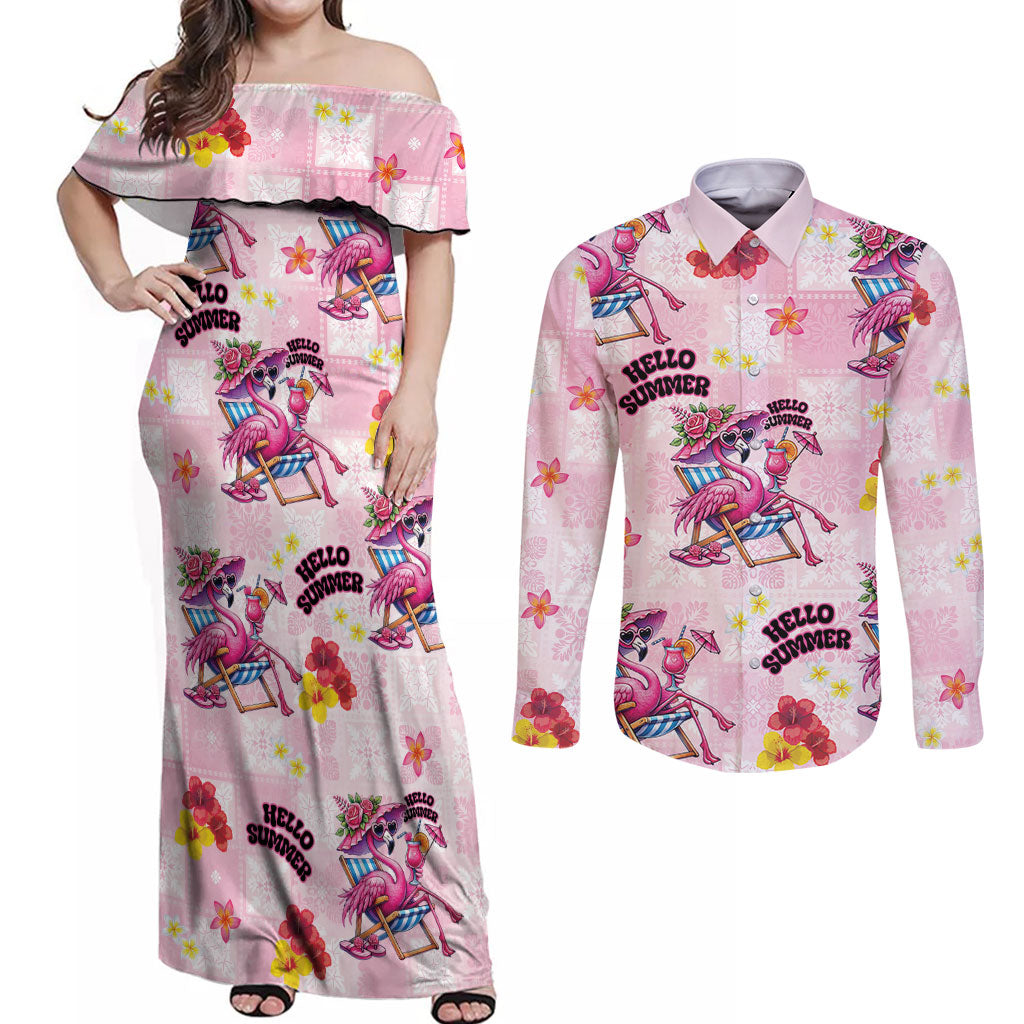 Hawaii Flamingo Hello Summer Couples Matching Off Shoulder Maxi Dress and Long Sleeve Button Shirt Hawaiian Quilt Pattern