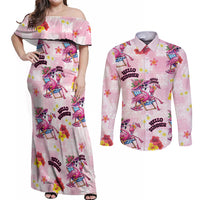 Hawaii Flamingo Hello Summer Couples Matching Off Shoulder Maxi Dress and Long Sleeve Button Shirt Hawaiian Quilt Pattern