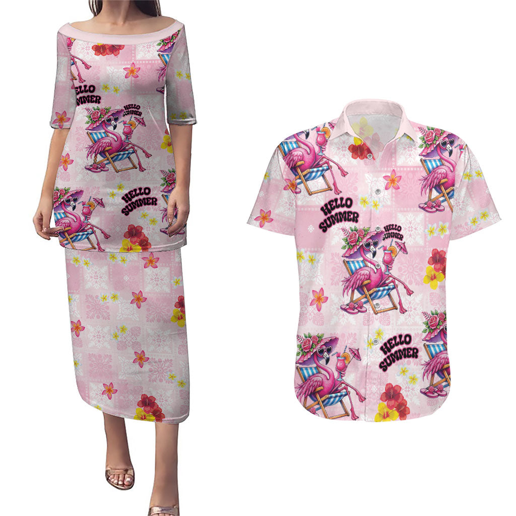 Hawaii Flamingo Hello Summer Couples Matching Puletasi and Hawaiian Shirt Hawaiian Quilt Pattern