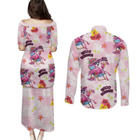 Hawaii Flamingo Hello Summer Couples Matching Puletasi and Long Sleeve Button Shirt Hawaiian Quilt Pattern