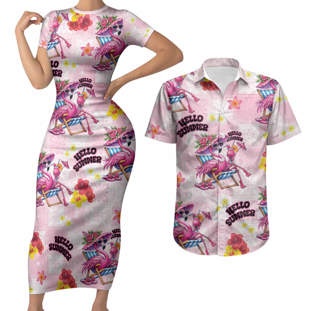 Hawaii Flamingo Hello Summer Couples Matching Short Sleeve Bodycon Dress and Hawaiian Shirt Hawaiian Quilt Pattern LT9 Pink - Polynesian Pride
