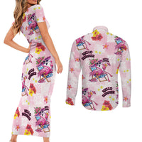 Hawaii Flamingo Hello Summer Couples Matching Short Sleeve Bodycon Dress and Long Sleeve Button Shirt Hawaiian Quilt Pattern