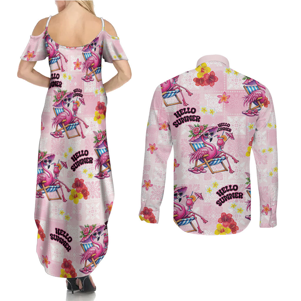 Hawaii Flamingo Hello Summer Couples Matching Summer Maxi Dress and Long Sleeve Button Shirt Hawaiian Quilt Pattern LT9 - Polynesian Pride