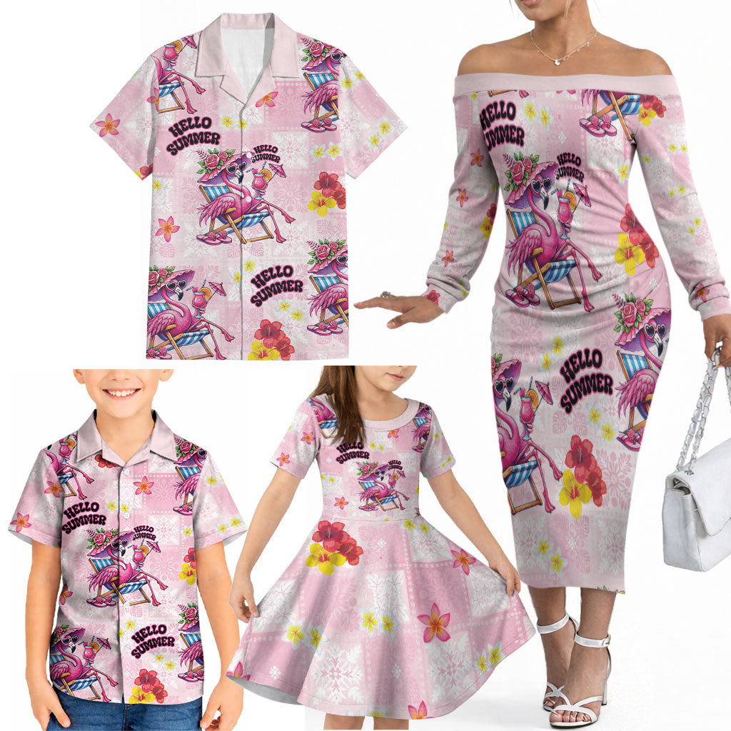 Hawaii Flamingo Hello Summer Family Matching Off The Shoulder Long Sleeve Dress and Hawaiian Shirt Hawaiian Quilt Pattern LT9 - Polynesian Pride