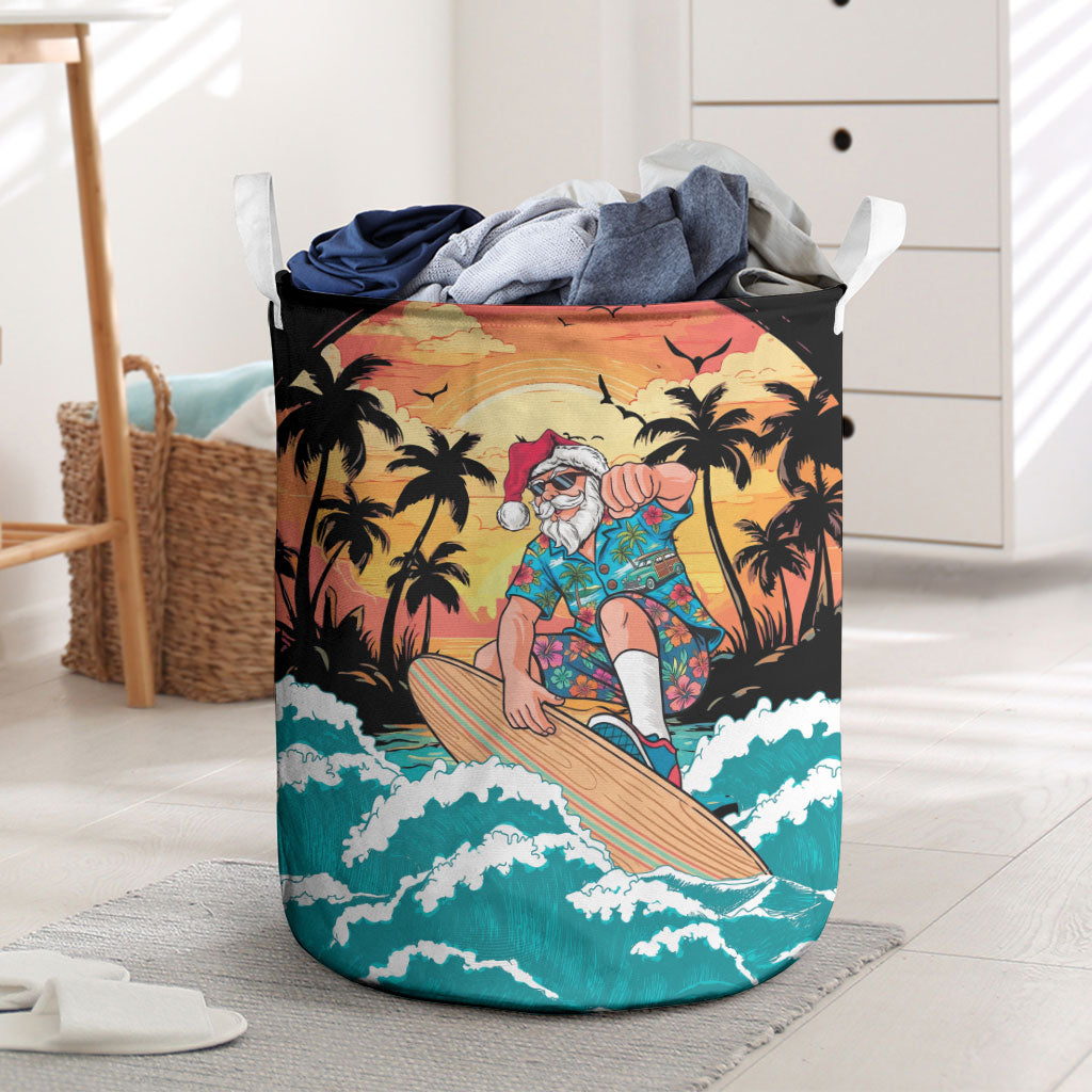 Vintage Santa Claus Surfing Summer Laundry Basket Mele Kalikimaka i Iulai! LT9 Black - Polynesian Pride