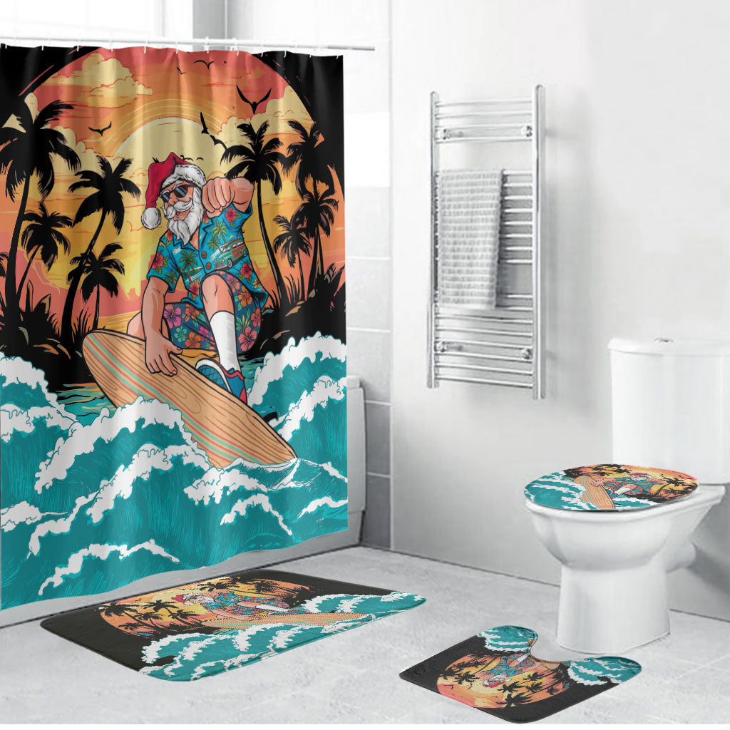 Vintage Santa Claus Surfing Summer Bathroom Set Mele Kalikimaka i Iulai! LT9 Bathroom Set (4 pcs) Black - Polynesian Pride