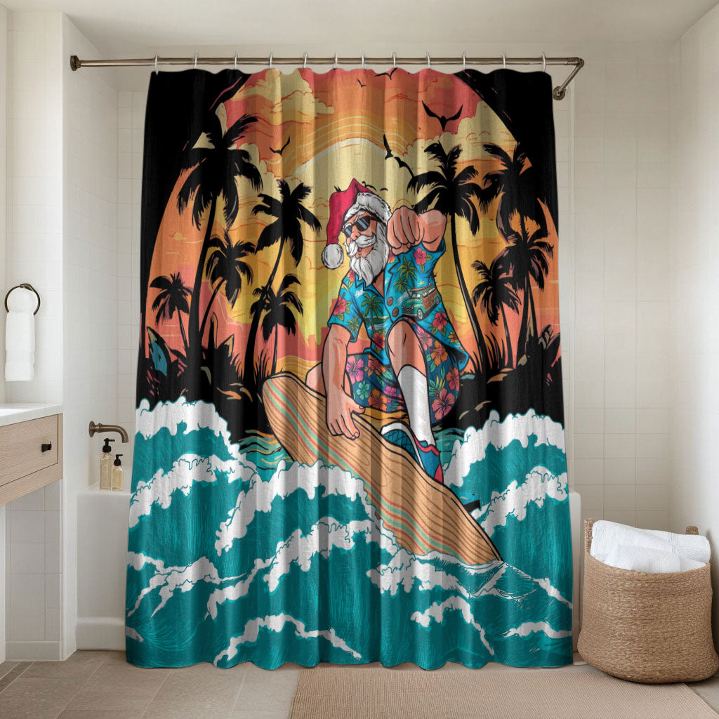 Vintage Santa Claus Surfing Summer Bathroom Set Mele Kalikimaka i Iulai! LT9 Shower Curtain Only Black - Polynesian Pride