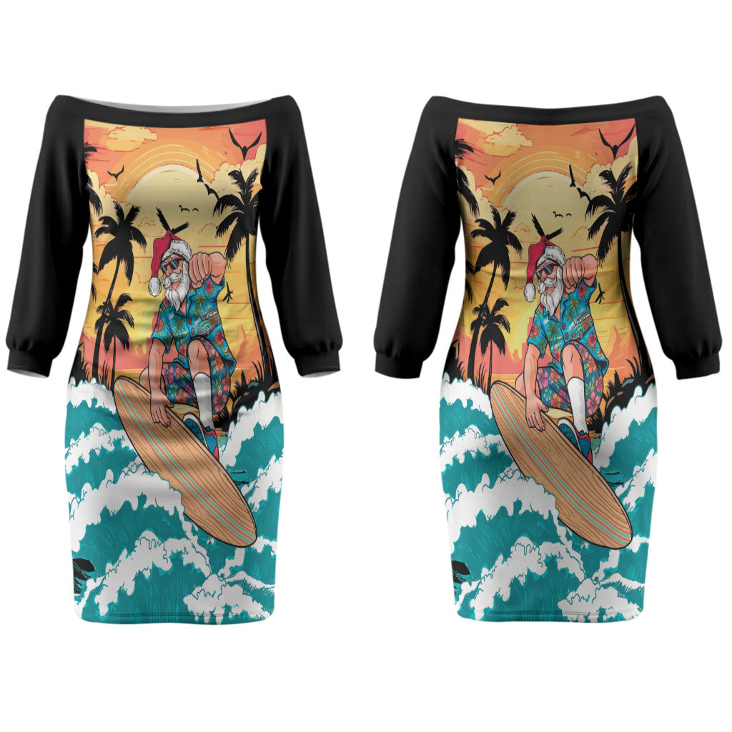 Vintage Santa Claus Surfing Summer Couples Matching Off The Shoulder Long Sleeve Dress and Hawaiian Shirt Mele Kalikimaka i Iulai! LT9 - Polynesian Pride