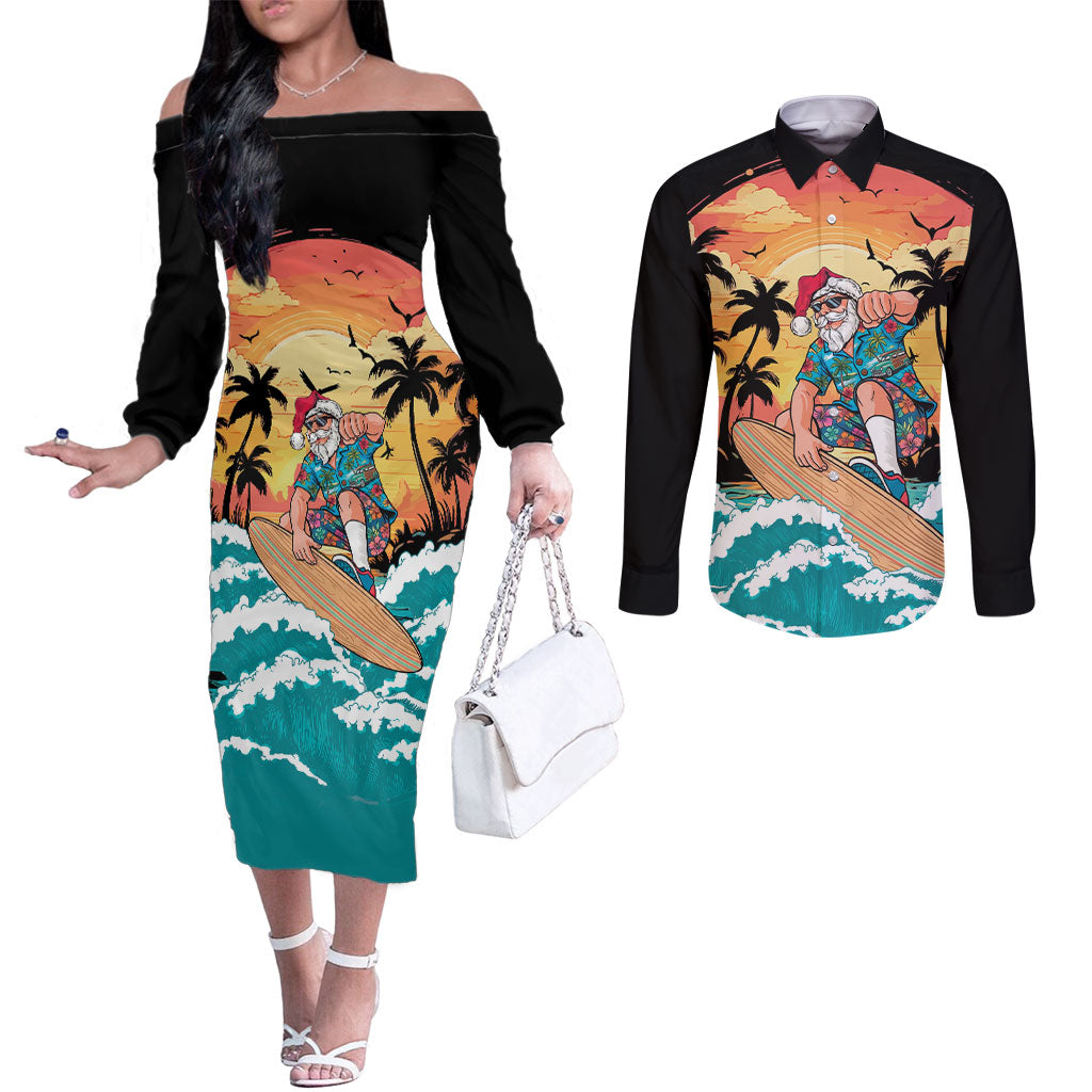 Vintage Santa Claus Surfing Summer Couples Matching Off The Shoulder Long Sleeve Dress and Long Sleeve Button Shirt Mele Kalikimaka i Iulai!