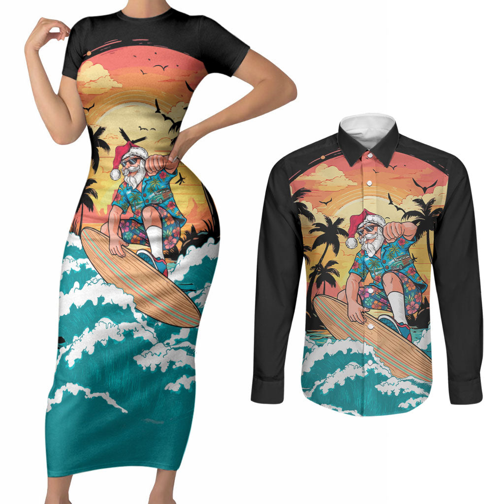 Vintage Santa Claus Surfing Summer Couples Matching Short Sleeve Bodycon Dress and Long Sleeve Button Shirt Mele Kalikimaka i Iulai! LT9 Black - Polynesian Pride