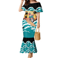 Vintage Santa Claus Surfing Summer Family Matching Mermaid Dress and Hawaiian Shirt Mele Kalikimaka i Iulai! LT9 Mom's Dress Black - Polynesian Pride
