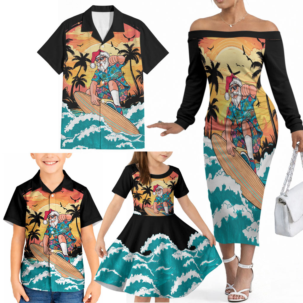 Vintage Santa Claus Surfing Summer Family Matching Off The Shoulder Long Sleeve Dress and Hawaiian Shirt Mele Kalikimaka i Iulai! LT9 - Polynesian Pride