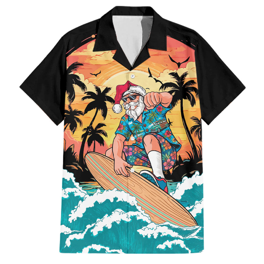 Vintage Santa Claus Surfing Summer Family Matching Off The Shoulder Long Sleeve Dress and Hawaiian Shirt Mele Kalikimaka i Iulai! LT9 Dad's Shirt - Short Sleeve Black - Polynesian Pride