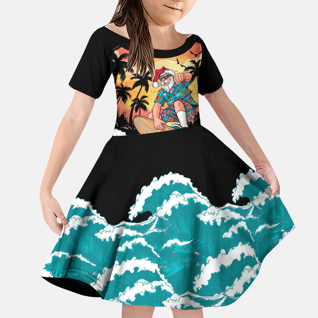 Vintage Santa Claus Surfing Summer Family Matching Off Shoulder Maxi Dress and Hawaiian Shirt Mele Kalikimaka i Iulai! LT9 Daughter's Dress Black - Polynesian Pride