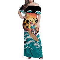Vintage Santa Claus Surfing Summer Family Matching Off Shoulder Maxi Dress and Hawaiian Shirt Mele Kalikimaka i Iulai! LT9 Mom's Dress Black - Polynesian Pride