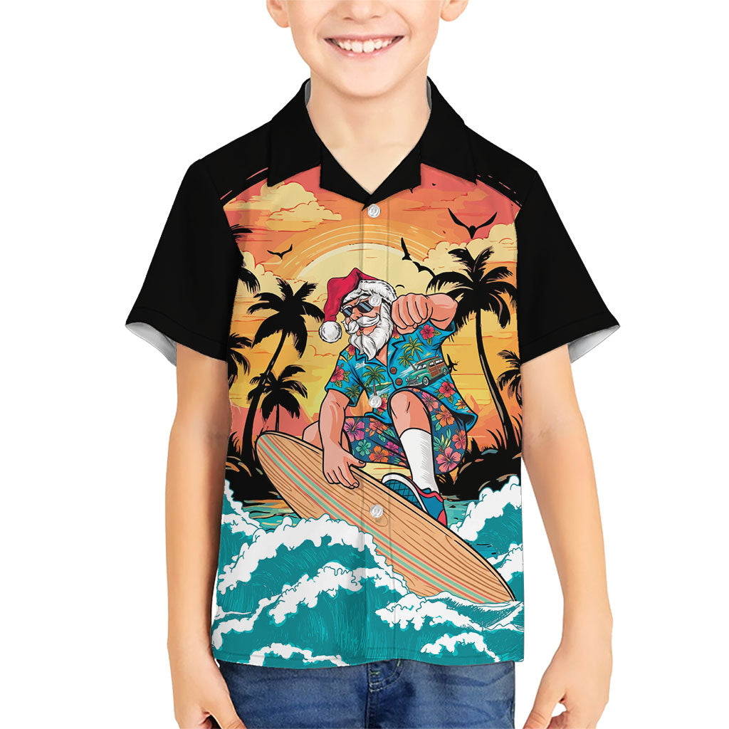 Vintage Santa Claus Surfing Summer Family Matching Off Shoulder Maxi Dress and Hawaiian Shirt Mele Kalikimaka i Iulai! LT9 Son's Shirt Black - Polynesian Pride