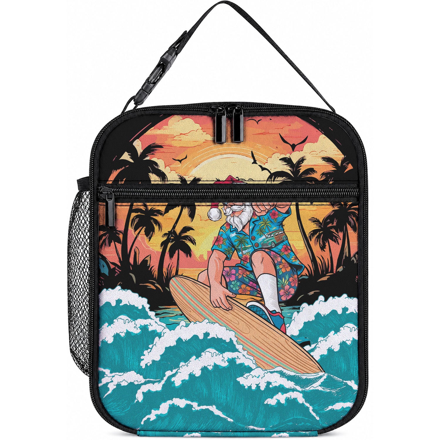 Vintage Santa Claus Surfing Summer Lunch Bag Mele Kalikimaka i Iulai! LT9 10.2 × 8.3 × 4.3 inch Black - Polynesian Pride