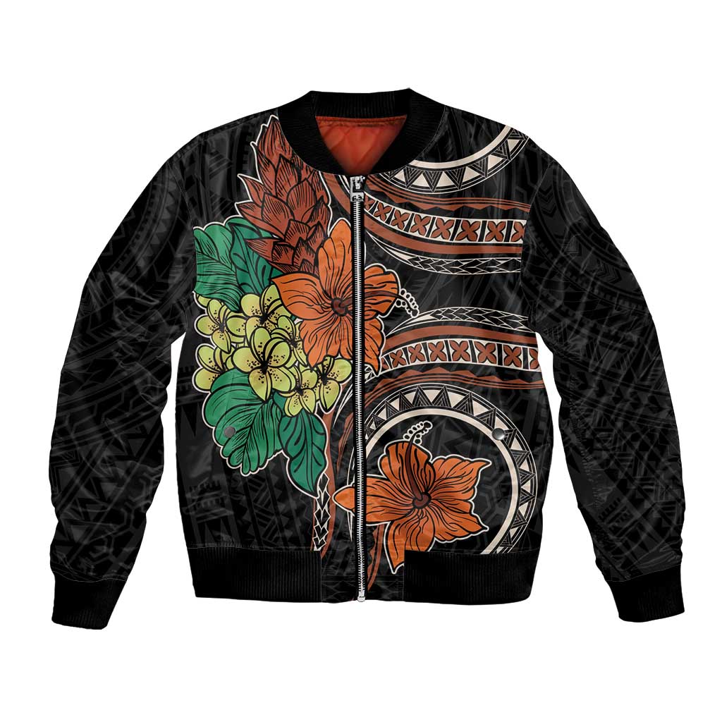 Vintage Hibiscus Pacific Floral Bomber Jacket LT9 Unisex Black - Polynesian Pride