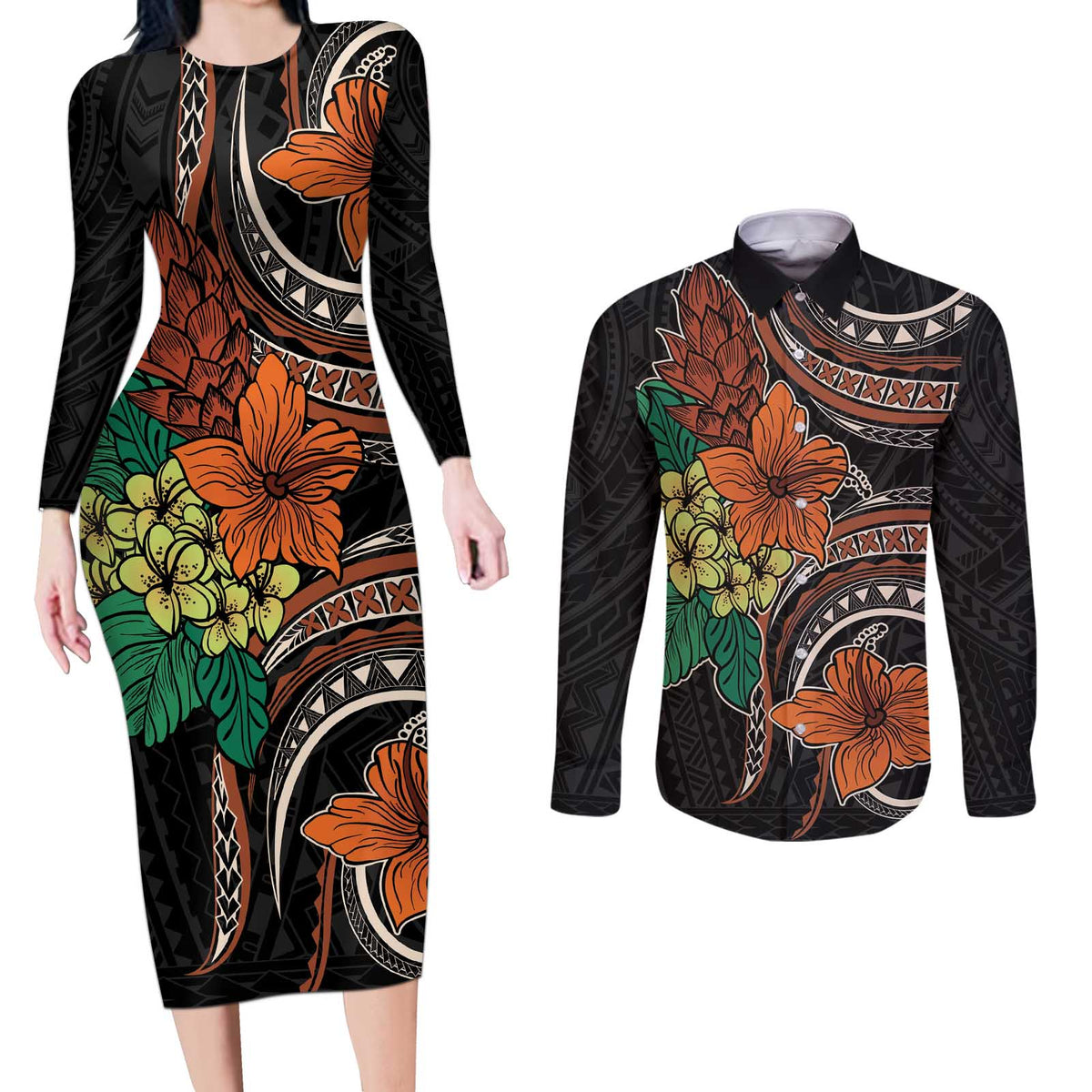 Vintage Hibiscus Pacific Floral Couples Matching Long Sleeve Bodycon Dress and Long Sleeve Button Shirt