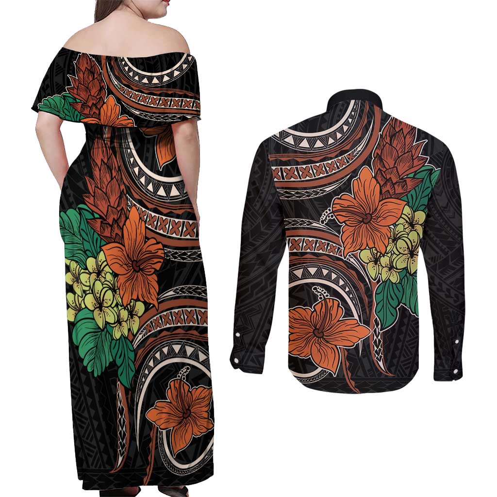 Vintage Hibiscus Pacific Floral Couples Matching Off Shoulder Maxi Dress and Long Sleeve Button Shirt