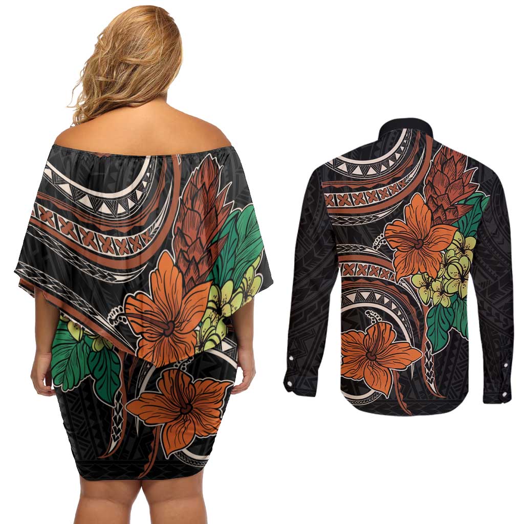 Vintage Hibiscus Pacific Floral Couples Matching Off Shoulder Short Dress and Long Sleeve Button Shirt