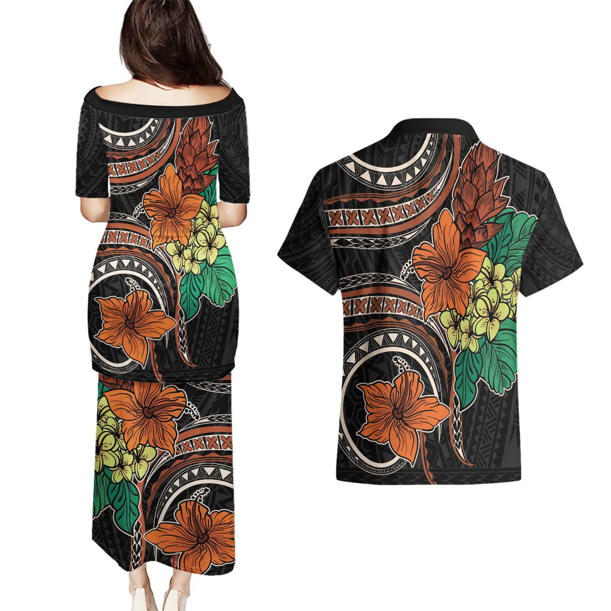 Vintage Hibiscus Pacific Floral Couples Matching Puletasi and Hawaiian Shirt