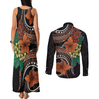 Vintage Hibiscus Pacific Floral Couples Matching Tank Maxi Dress and Long Sleeve Button Shirt