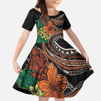 Vintage Hibiscus Pacific Floral Family Matching Long Sleeve Bodycon Dress and Hawaiian Shirt LT9 Daughter's Dress Black - Polynesian Pride