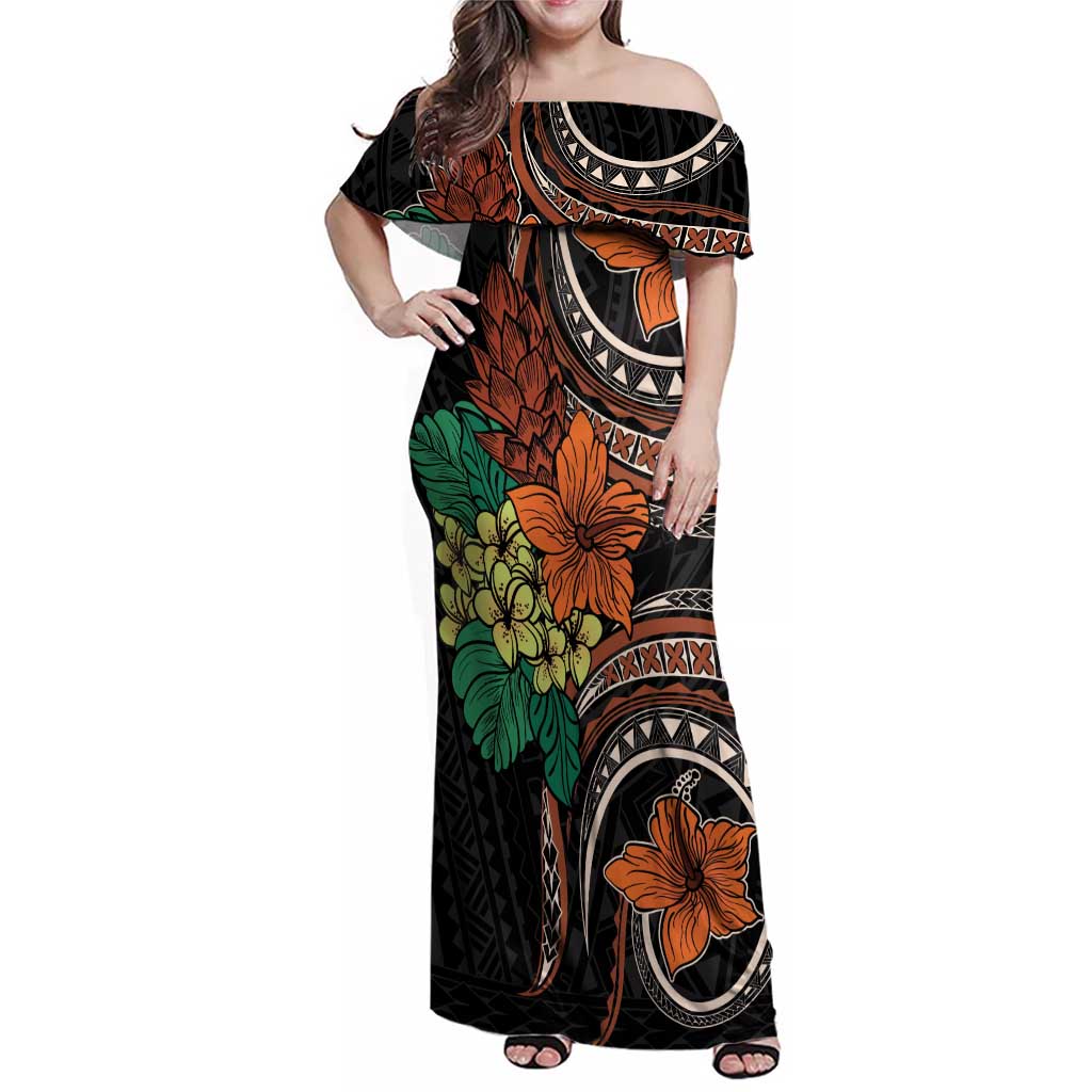 Vintage Hibiscus Pacific Floral Family Matching Off Shoulder Maxi Dress and Hawaiian Shirt