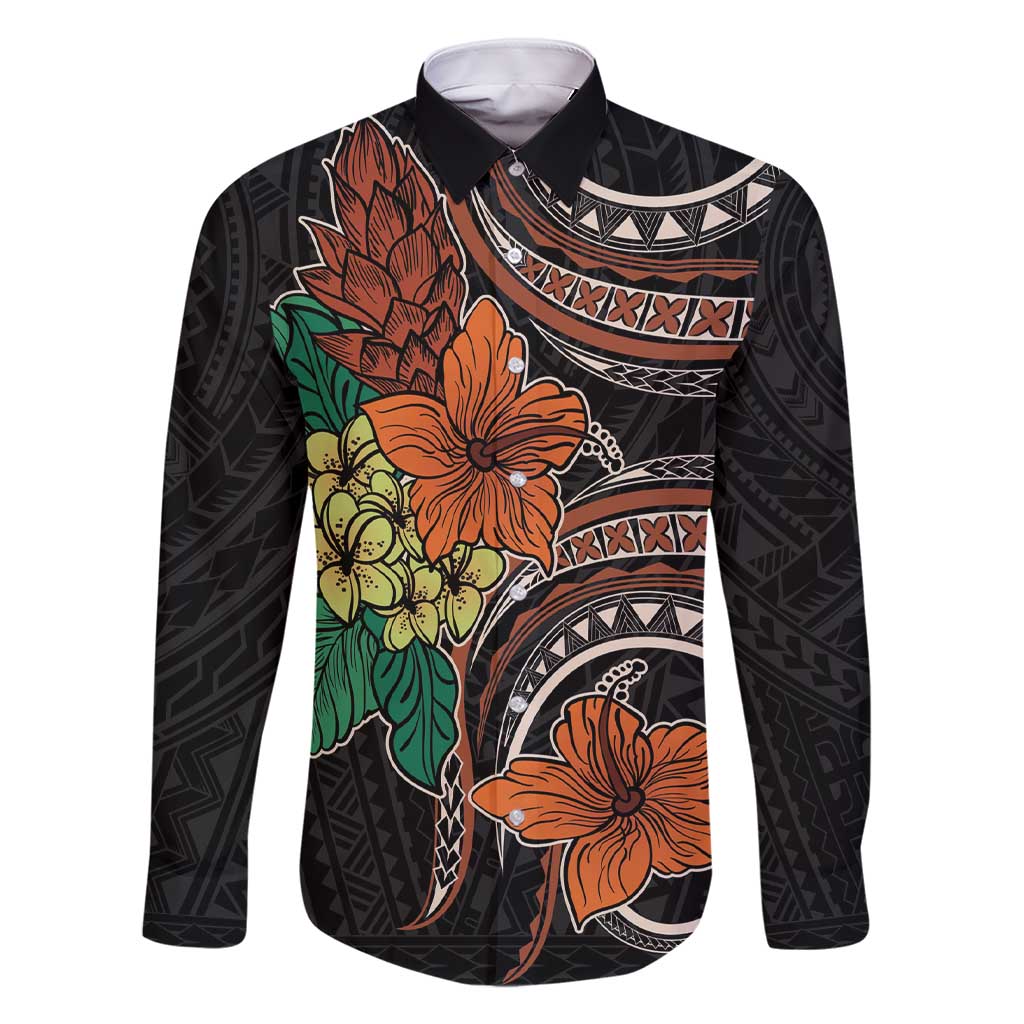 Vintage Hibiscus Pacific Floral Family Matching Short Sleeve Bodycon Dress and Hawaiian Shirt LT9 Dad's Shirt - Long Sleeve Black - Polynesian Pride