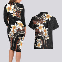 Vintage Plumeria Pacific Floral Couples Matching Long Sleeve Bodycon Dress and Hawaiian Shirt