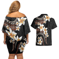 Vintage Plumeria Pacific Floral Couples Matching Off Shoulder Short Dress and Hawaiian Shirt