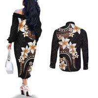 Vintage Plumeria Pacific Floral Couples Matching Off The Shoulder Long Sleeve Dress and Long Sleeve Button Shirt