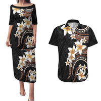 Vintage Plumeria Pacific Floral Couples Matching Puletasi and Hawaiian Shirt