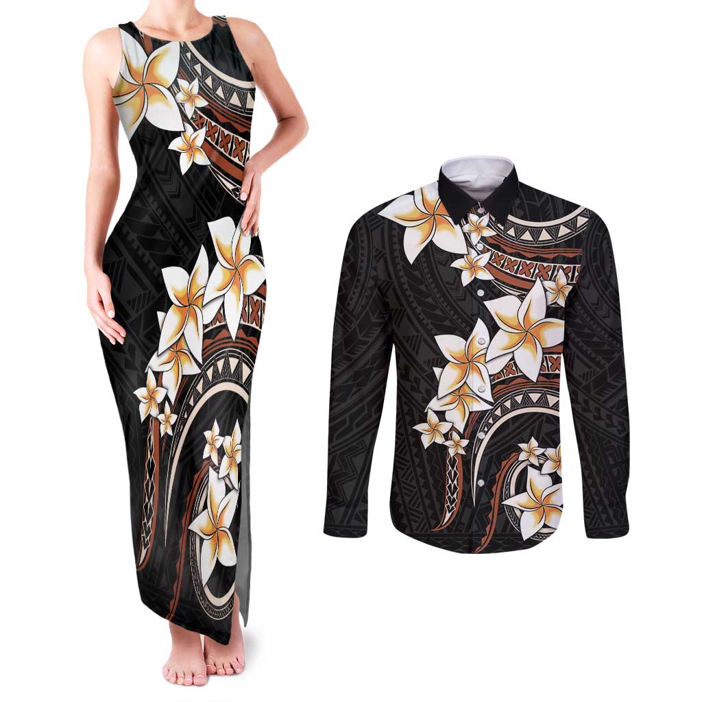 Vintage Plumeria Pacific Floral Couples Matching Tank Maxi Dress and Long Sleeve Button Shirt