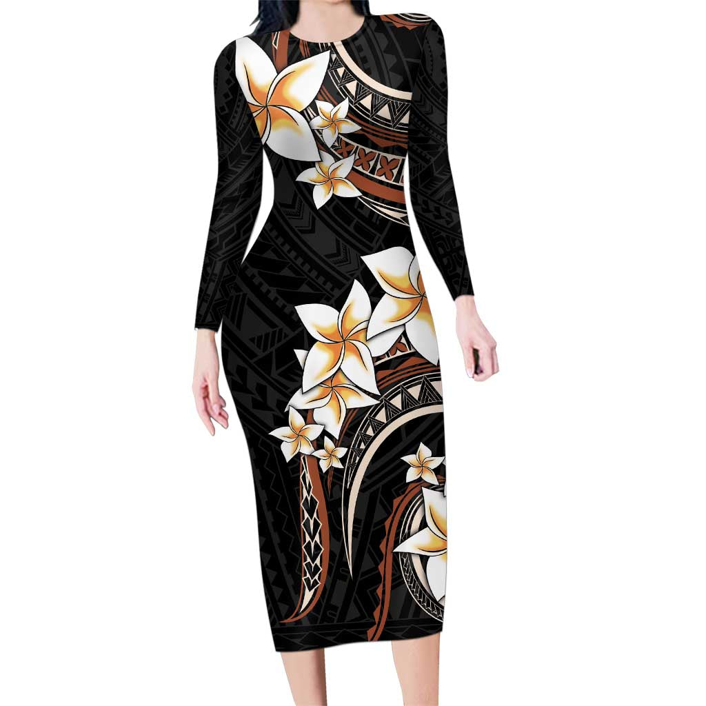 Vintage Plumeria Pacific Floral Family Matching Long Sleeve Bodycon Dress and Hawaiian Shirt LT9 Mom's Dress Black - Polynesian Pride