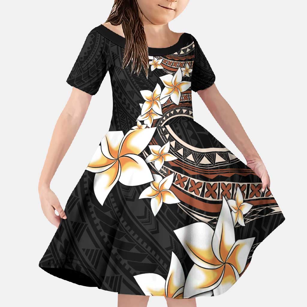 Vintage Plumeria Pacific Floral Family Matching Short Sleeve Bodycon Dress and Hawaiian Shirt LT9 Daughter's Dress Black - Polynesian Pride