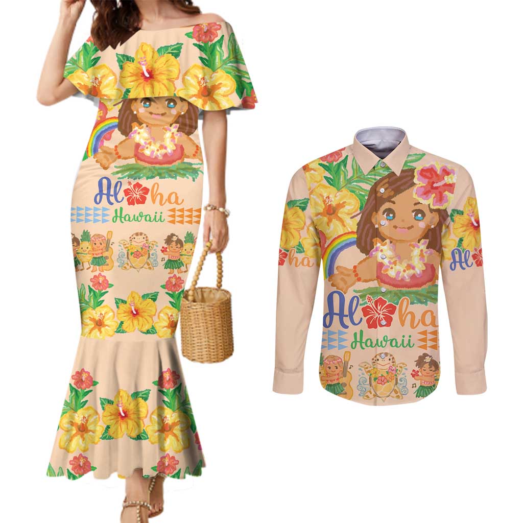 Kawaii Hula Girls Couples Matching Mermaid Dress and Long Sleeve Button Shirt Aloha Hibiscus Flowers