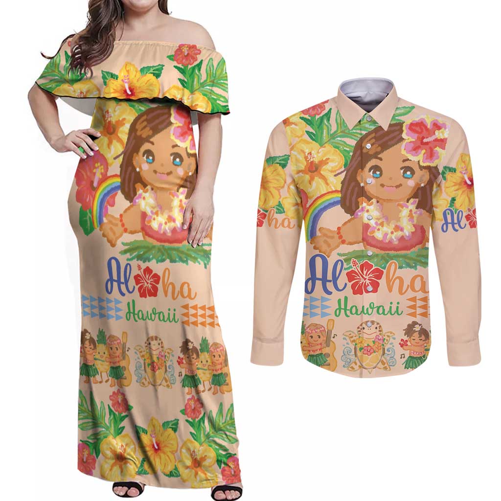 Kawaii Hula Girls Couples Matching Off Shoulder Maxi Dress and Long Sleeve Button Shirt Aloha Hibiscus Flowers