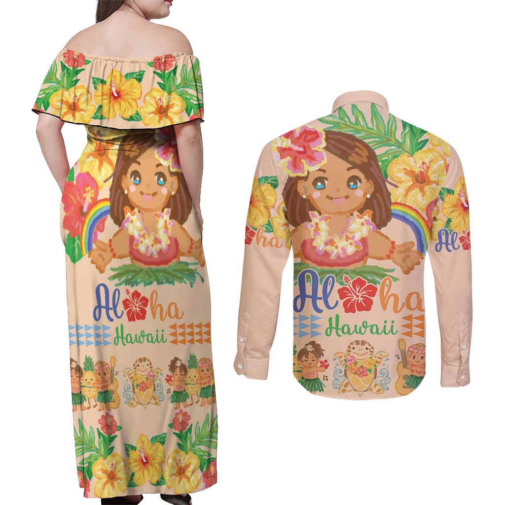 Kawaii Hula Girls Couples Matching Off Shoulder Maxi Dress and Long Sleeve Button Shirt Aloha Hibiscus Flowers