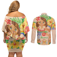 Kawaii Hula Girls Couples Matching Off Shoulder Short Dress and Long Sleeve Button Shirt Aloha Hibiscus Flowers