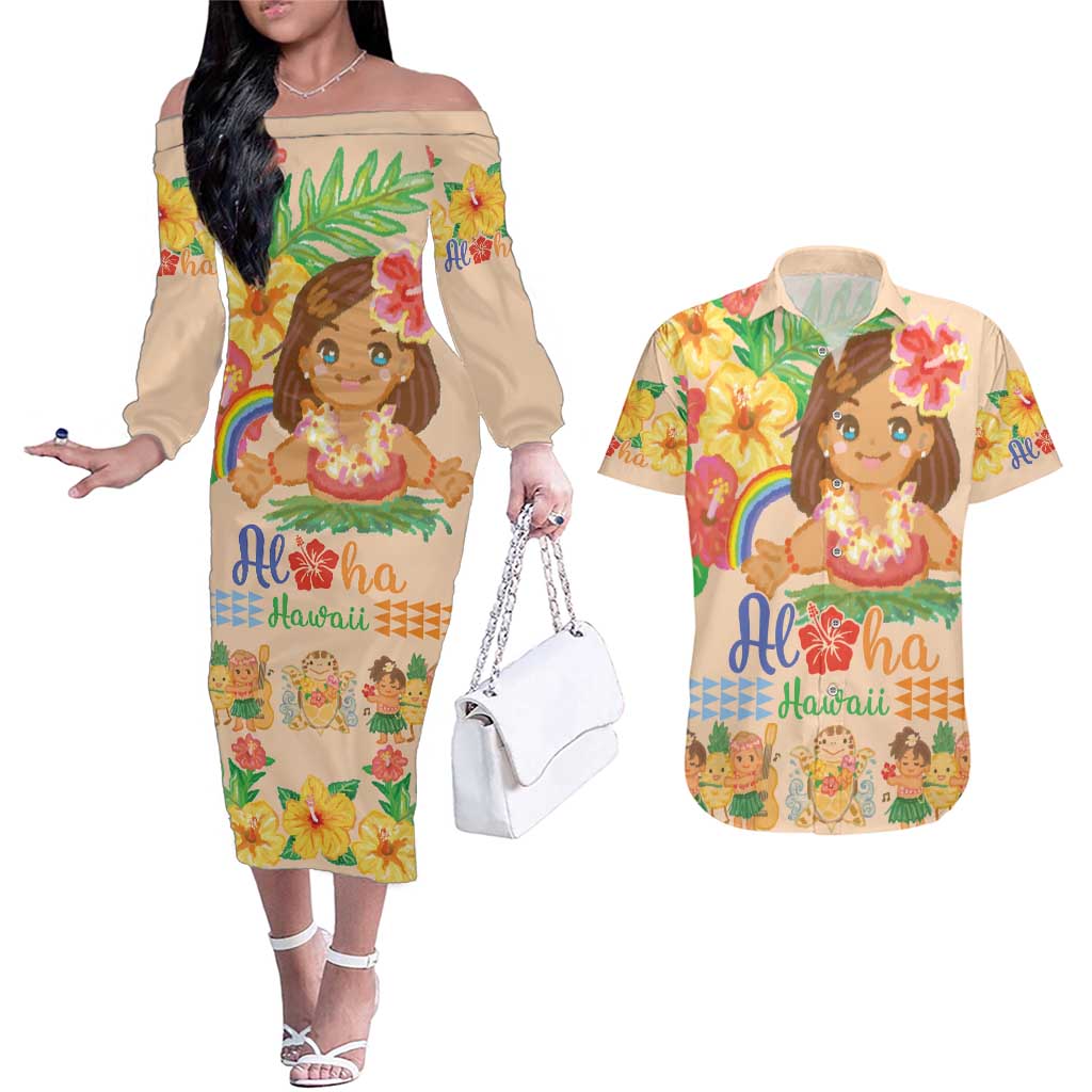 Kawaii Hula Girls Couples Matching Off The Shoulder Long Sleeve Dress and Hawaiian Shirt Aloha Hibiscus Flowers