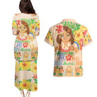 Kawaii Hula Girls Couples Matching Puletasi and Hawaiian Shirt Aloha Hibiscus Flowers