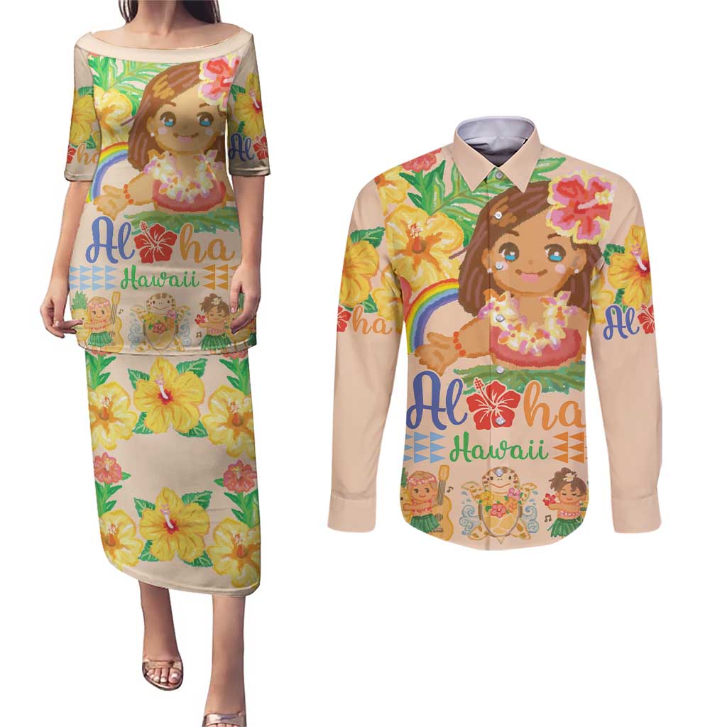Kawaii Hula Girls Couples Matching Puletasi and Long Sleeve Button Shirt Aloha Hibiscus Flowers