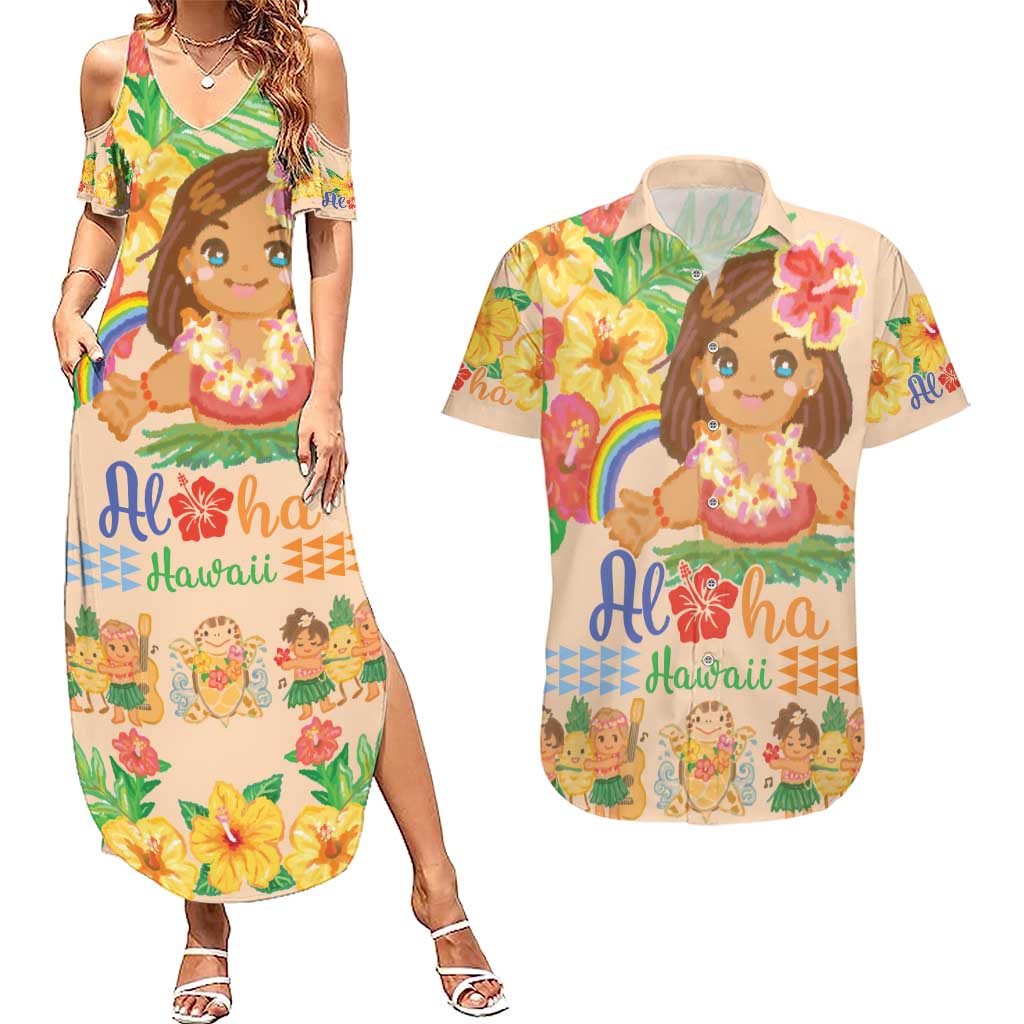 Kawaii Hula Girls Couples Matching Summer Maxi Dress and Hawaiian Shirt Aloha Hibiscus Flowers