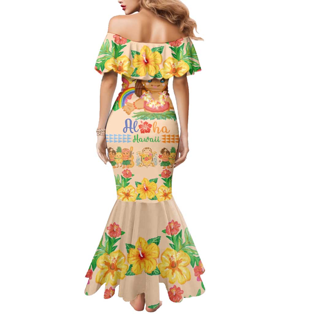 Kawaii Hula Girls Family Matching Mermaid Dress and Hawaiian Shirt Aloha Hibiscus Flowers
