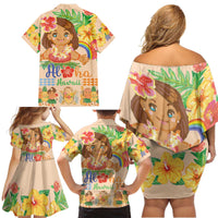 Kawaii Hula Girls Family Matching Off Shoulder Short Dress and Hawaiian Shirt Aloha Hibiscus Flowers