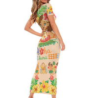 Kawaii Hula Girls Family Matching Short Sleeve Bodycon Dress and Hawaiian Shirt Aloha Hibiscus Flowers
