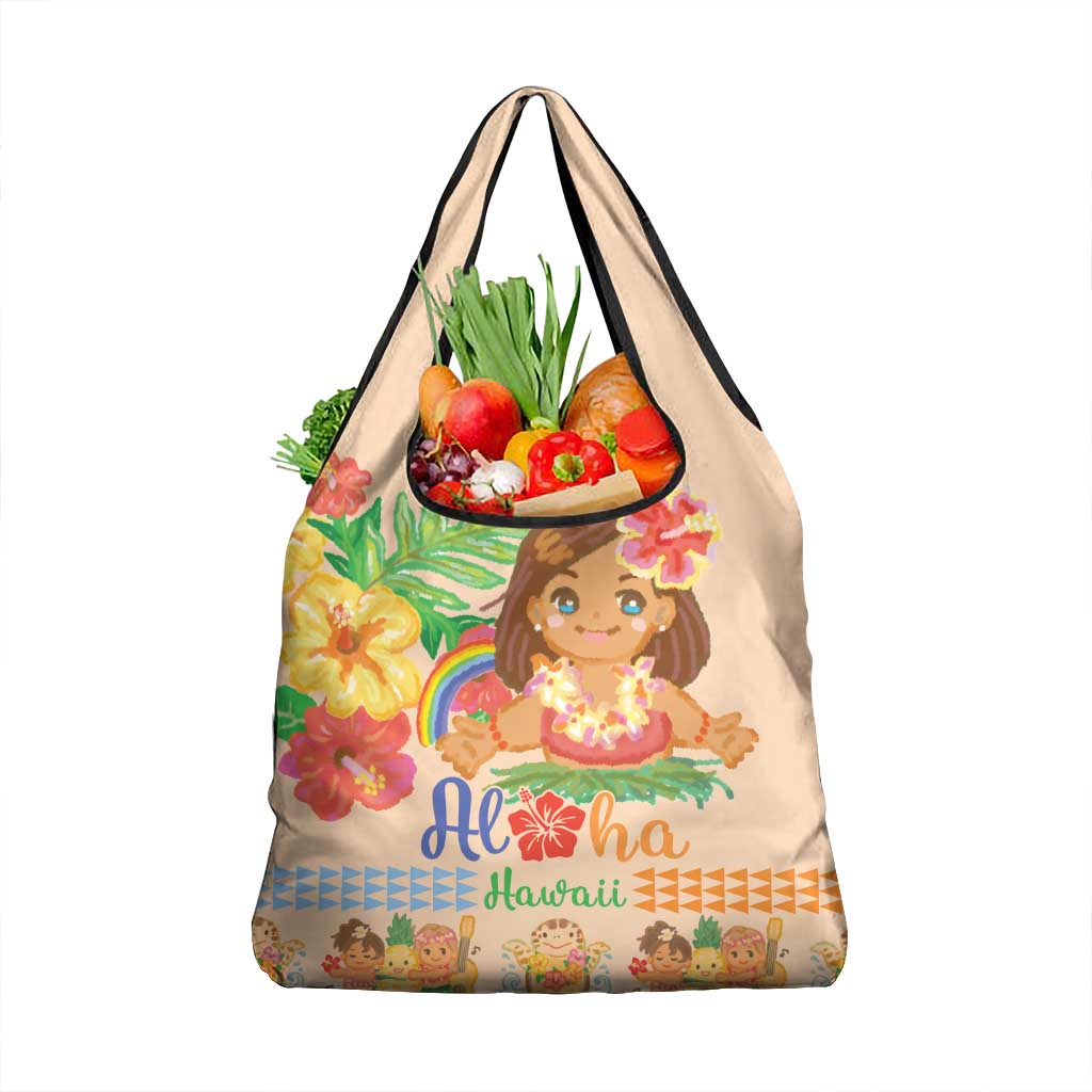 Kawaii Hula Girls Grocery Bag Aloha Hibiscus Flowers